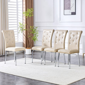 English Elm A Set of 2 Crystal Button Faux Leather Dining Chairs with Embossed Croc Texture Beige W3226P340250