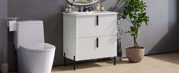 English Elm Christopher Knight Home® - 30" Elegant Bathroom Vanity With Ceramic Sink, Soft-Close Drawers & Fluted Design In Timeless White N817P295761W