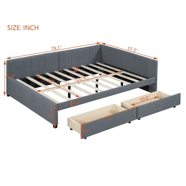 English Elm Full Size Linen Upholstered Daybed with Storage Drawers Sofa Bed for Guest Rooms Gray LP000172AAE-1