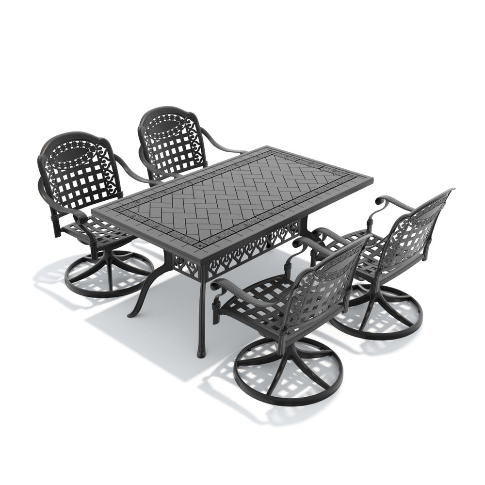 English Elm 5-piece Cast Aluminum Outdoor Dining Set with Swivel Chairs and Carved Patio Table W1710S00357