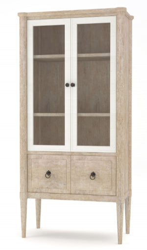 English Elm Display Sand-Colored Bookcase with Glass Doors, Mindi Veneer, 2 Shelves & Drawer — Transitional Style B2699P226095