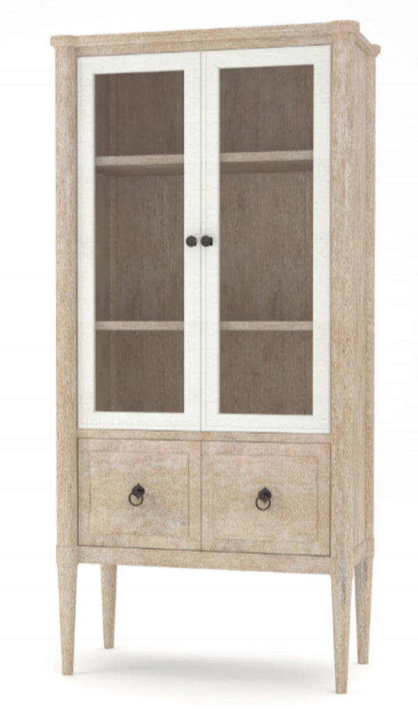 English Elm Display Sand-Colored Bookcase with Glass Doors, Mindi Veneer, 2 Shelves & Drawer — Transitional Style B2699P226095