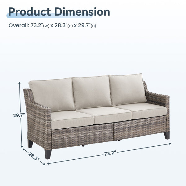 English Elm 73.2" Outdoor Handwoven Rattan 3 Seat Sofa with Olefin Cushions for Porch or Patio Beige T3773P416337