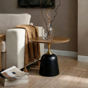 English Elm 23.6 Inch Round Side Table with Metal Base Warm Grain Top for Living Room or Office Walnut W2920P407665