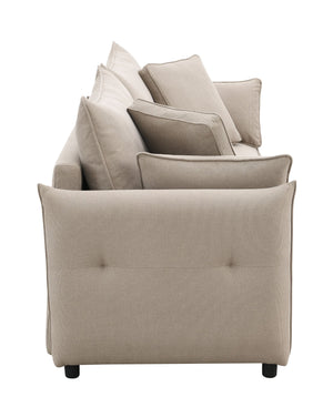 English Elm Irina versatile pull-out fabric sleeper sofa with hidden storage, removable cushions & toss pillows Beige 88.6 L x 33.1 W x 24.8 H B2726P242392