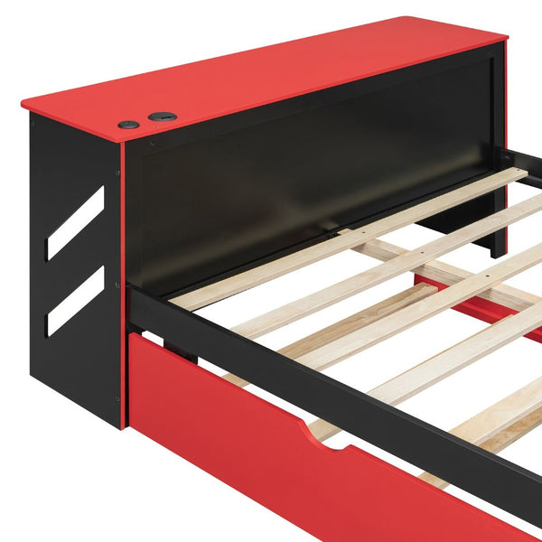 English Elm Full Size Wood Daybed with Twin Trundle Desk and Usb Charging for Teen Rooms Red LT000262AAR