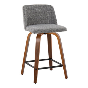 English Elm Toriano 24" Set Of 2 Mid-Century Modern Swivel Counter Stools In Walnut Wood & Grey Fabric Comfort B202S00122-GIGA