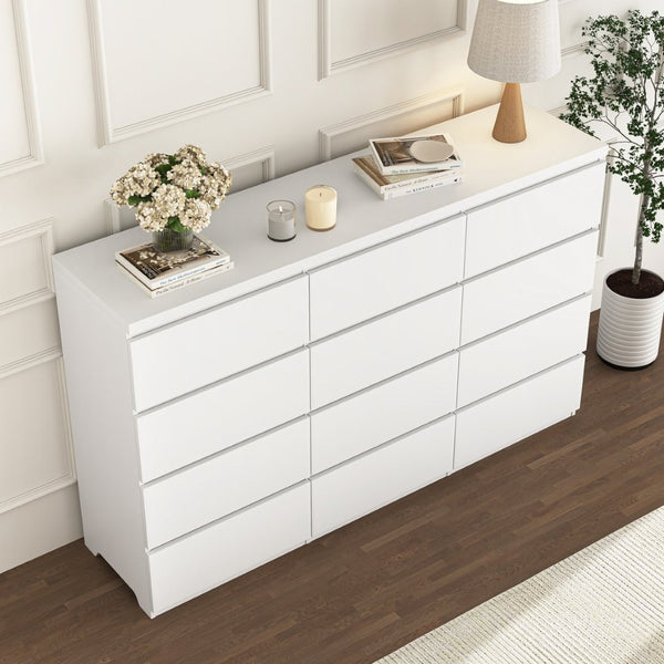 English Elm 12 Drawer Wide Double Dresser Modern Symmetrical Wood Storage Chest for Bedroom W409S00018