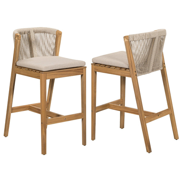 English Elm Christopher Knight Home® - Louie Teak-Finish Outdoor Barstool Set of 2 with Beige Cushions, Rope Back, Weatherproof Acacia Wood N775P301353T