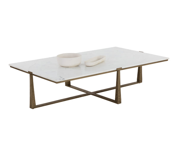 Sunpan Cowell Coffee Table - Mid-Century Modern Design with Unique White Marble Top & Antique Brass Legs