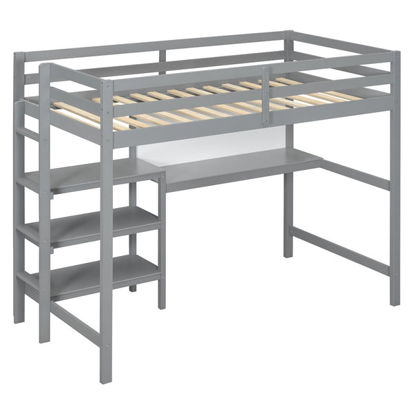 English Elm Twin Loft Bed with Built-in Desk Shelving and Dry-erase Board for Kids Rooms Gray LT100320AAE