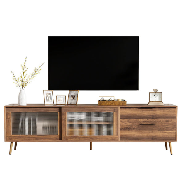 English Elm Modern TV Stand Walnut 70.8" Mid-Century Media Console for 75"+ TVs with Glass Doors, Drawers & Cable Management N710P222776P