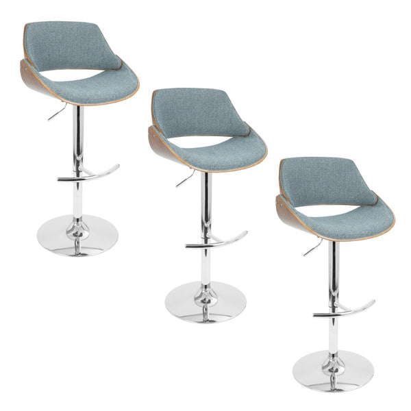 English Elm Mid-century Modern Swivel Barstools Blue Woven Fabric Chrome Base Set of 3 B202S00839