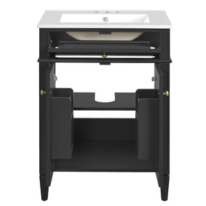 English Elm 24" Bathroom Vanity with Ceramic Basin, French-Inspired Accent Carvings, Soft-Close Doors & Storage Black N710P293309B