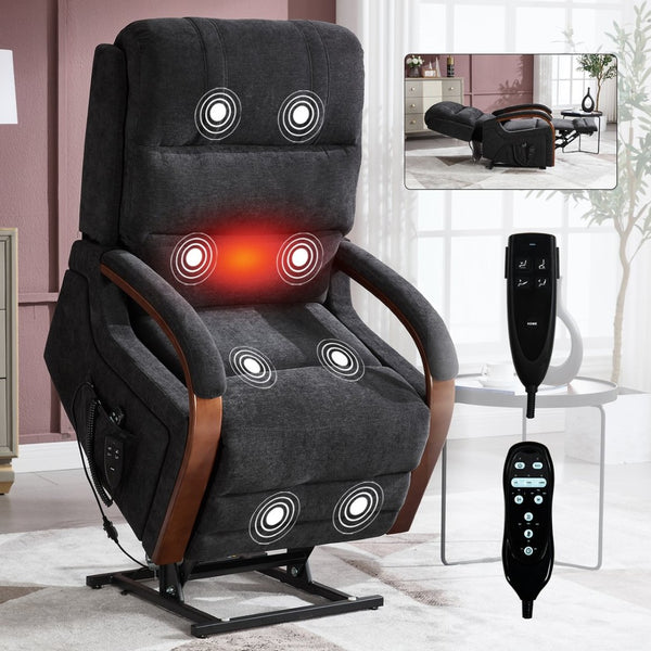 English Elm Power Lift Recliner Chair Chenille Upholstery Dual Motor Heat Massage Solid Wood Arms Black W1803S00076