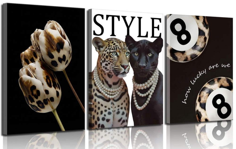 English Elm Fashion Cheetah Black White Canvas 3 Piece Wall Art Set for Bedroom or Dorm W2181P483638