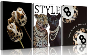 English Elm Fashion Cheetah Black White Canvas 3 Piece Wall Art Set for Bedroom or Dorm W2181P483638