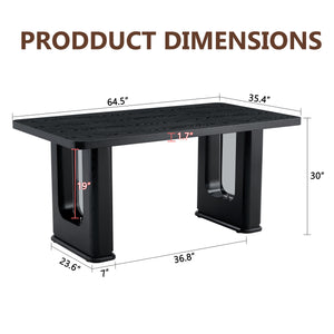 English Elm 64.5 Inch Black Wood Grain Textured Dining Table with Gray Glass Inlay, Robust 1.7" MDF Top, Sleek Design W1151S04297