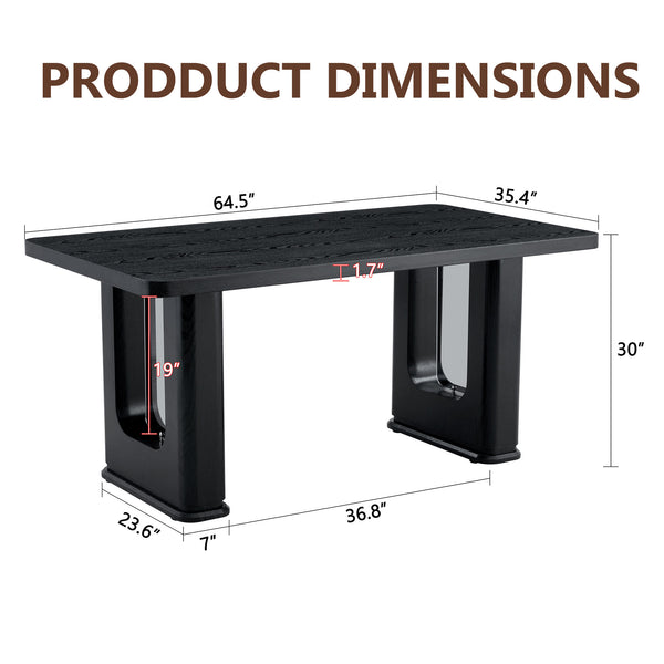 English Elm 64.5 Inch Black Wood Grain Textured Dining Table with Gray Glass Inlay, Robust 1.7" MDF Top, Sleek Design W1151S04297