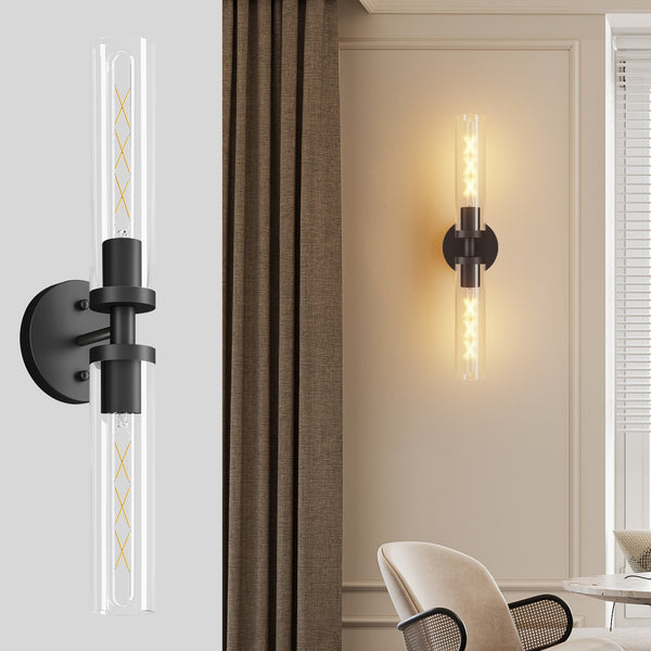 English Elm Wall Matte Modern Sconces Set of 2 for Bathroom Mirror & Hallway — Clear Glass LED Hardwired Surface Mount Black W1340P356898