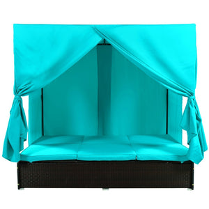 English Elm U_style Outdoor Double Daybed Resort Canopy Lounge with Steel Frame and Adjustable Backrests Blue WY000476AAC