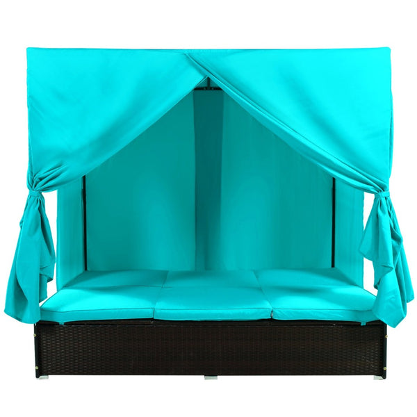 English Elm U_style Outdoor Double Daybed Resort Canopy Lounge with Steel Frame and Adjustable Backrests Blue WY000476AAC