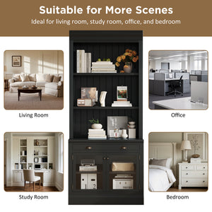 English Elm 83.4"Tall Modern Bookcase With Glass Doors & Drawer - Stylish Storage For Living Room & Office Decor N751S323419B