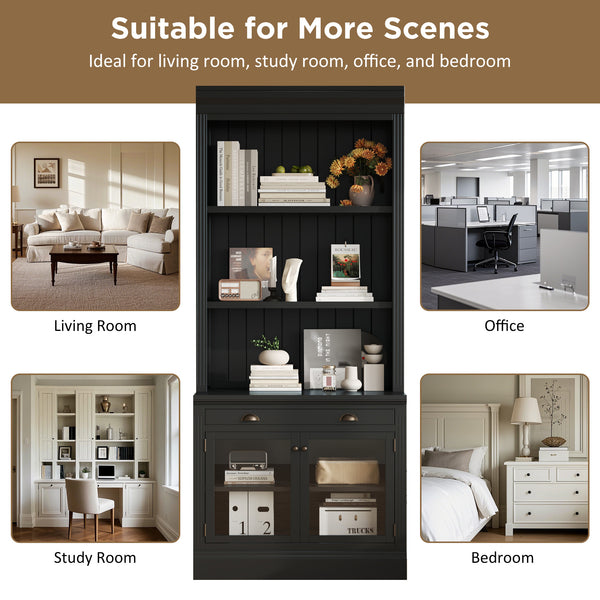 English Elm 83.4"Tall Modern Bookcase With Glass Doors & Drawer - Stylish Storage For Living Room & Office Decor N751S323419B