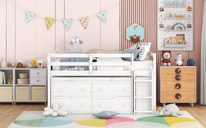 English Elm Full Size Kids Loft Bed Pinewood Frame Dual Study Desks Drawers and Open Shelving White LT000369AAK