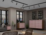 Manhattan Comfort Rockefeller Mid-Century Modern 3- Piece Bedroom Dresser Set Nature and Rose Pink 178GMC6