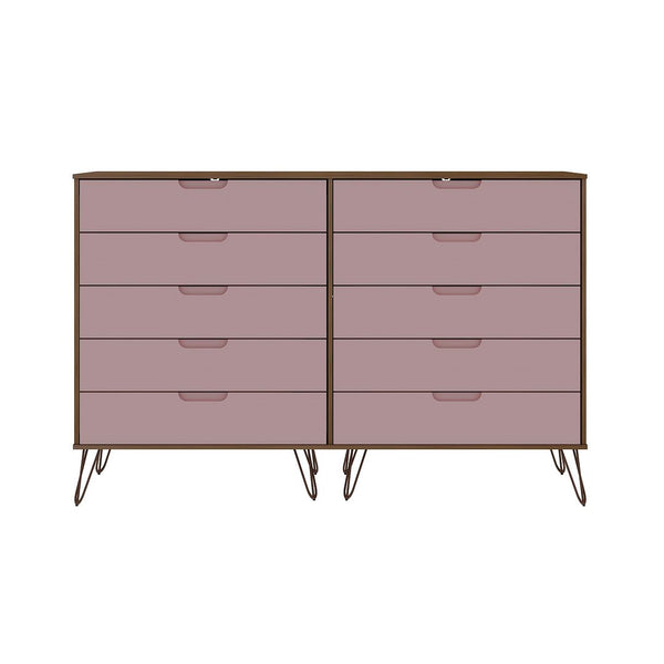 Manhattan Comfort Rockefeller Mid-Century Modern 3- Piece Bedroom Dresser Set Nature and Rose Pink 178GMC6