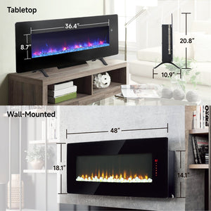 English Elm 48 Inch Curved Wall Mounted Electric Fireplace with Multi Color Flame Ember Bed W1769P199008
