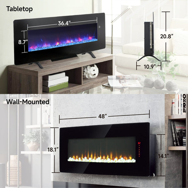 English Elm 48 Inch Curved Wall Mounted Electric Fireplace with Multi Color Flame Ember Bed W1769P199008