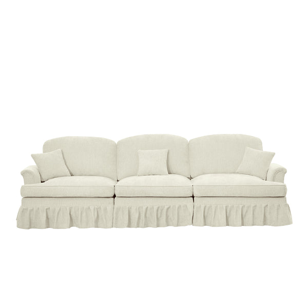 English Elm Elegant Mid Century Large 3-Seater Chenille Sofa With Flared Arms, Ruffled Skirts & Modular Style W3041S00233