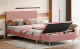 English Elm 2 Pieces Bedroom Sets Queen Size Upholstered Bed Frame, Modern Corduroy Storage Ottoman,Pink