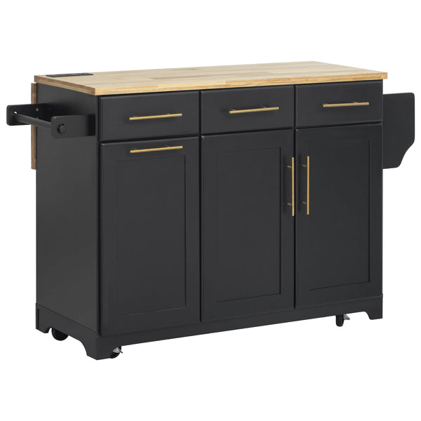 English Elm K&K Vintage Kitchen Island with Rubberwood Top, Hidden Wheels, Pull-Out Trash & Charging Station Black N707P299014B