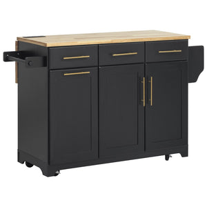English Elm K&k Rolling Kitchen Island Rubber Wood Top Brass Hardware Built-in Outlets Storage Black N707S299014B
