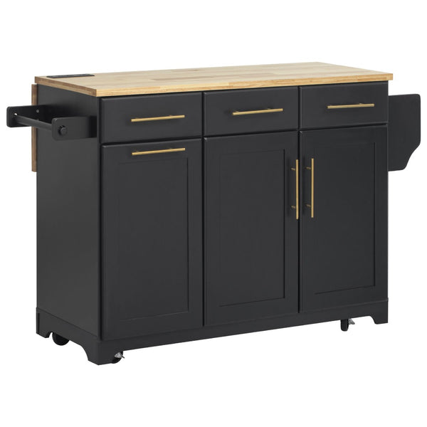 English Elm K&k Rolling Kitchen Island Rubber Wood Top Brass Hardware Built-in Outlets Storage Black N707S299014B