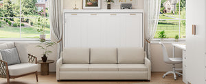English Elm Queen Murphy Cabinet Bed with Sofa Foldaway, Built-In Shelves, LED Lighting, Space-Saving Beige N7090000603A