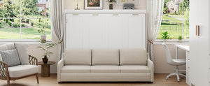 English Elm Queen Murphy Cabinet Bed with Linen Sofa Built-in Shelves and Integrated Led Light N7090000603A-1
