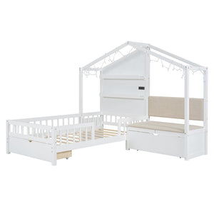 English Elm Twin House Bed Frame with Sofa Seating Led Lighting Drawers and Wireless Charging LP000521AAK-1