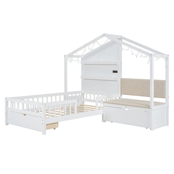 English Elm Twin House Bed Frame with Sofa Seating Led Lighting Drawers and Wireless Charging LP000521AAK-1