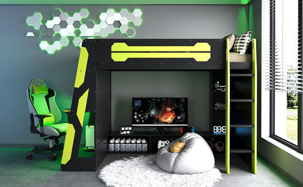 English Elm Twin Gaming Loft Bed with Desk Rgb Lighting and Multi-tier Shelves for Teen Rooms Green LT000160AAG