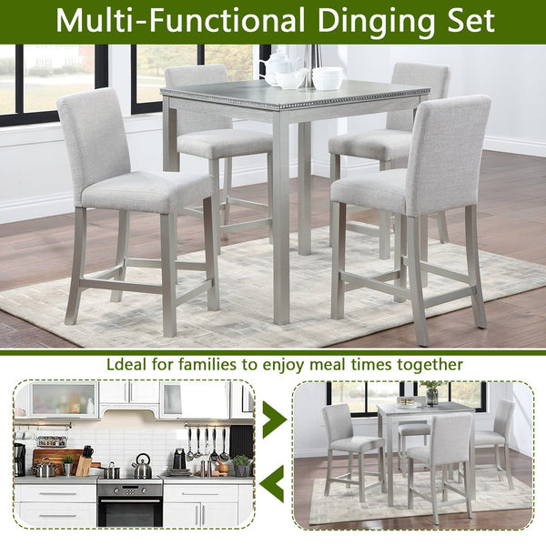 English Elm 5 Piece Counter Height Table Set – Stylish Wooden Dining Set With Upholstered Chairs & Crystal Accents W1998S00039