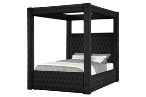 English Elm 1pc Majestic Canopy Four-Poster Queen Bed with Tufted Velvet Headboard & Footboard, Luxurious Statement Black 89 L x 26 W x 6 H B2741S00126