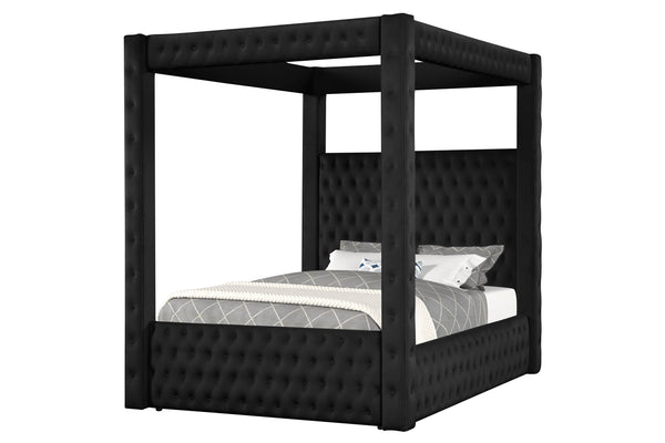 English Elm 1pc Majestic Canopy Four-Poster Queen Bed with Tufted Velvet Headboard & Footboard, Luxurious Statement Black 89 L x 26 W x 6 H B2741S00126