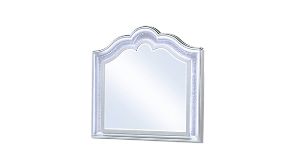 English Elm Mystic Elegant Curved Top LED Wall Mirror with Crystal Accents, Light Gray Wood Frame for Bedroom Glamour G150109161