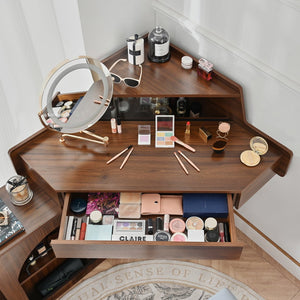 English Elm Corner Makeup Vanity Desk with 360° Rotating LED Mirror, Adjustable Brightness, L-Shaped Corner Design and Pull-Out Storage for Small Spaces Walnut N844P263663W