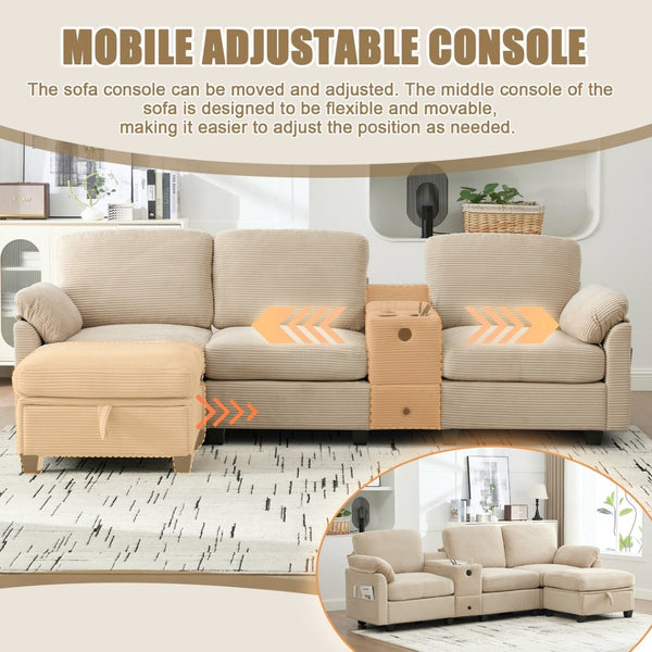 English Elm United Multifunctional L-Shaped Corduroy Sofa: 4-Seater With Usb Ports, Storage, And Comfort Features W1568S00226-GIGA