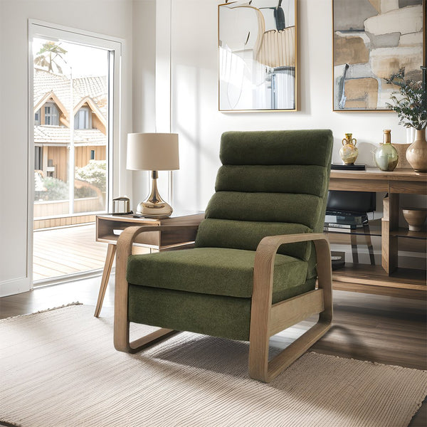 JLA Home Chapel Hill - Wood Chapel Hill Jordan push-back Recliner with Solid Wood Frame, Chenille Upholstery, Compact Comfort and Timeless Mid-Century Style Green CH103-0010